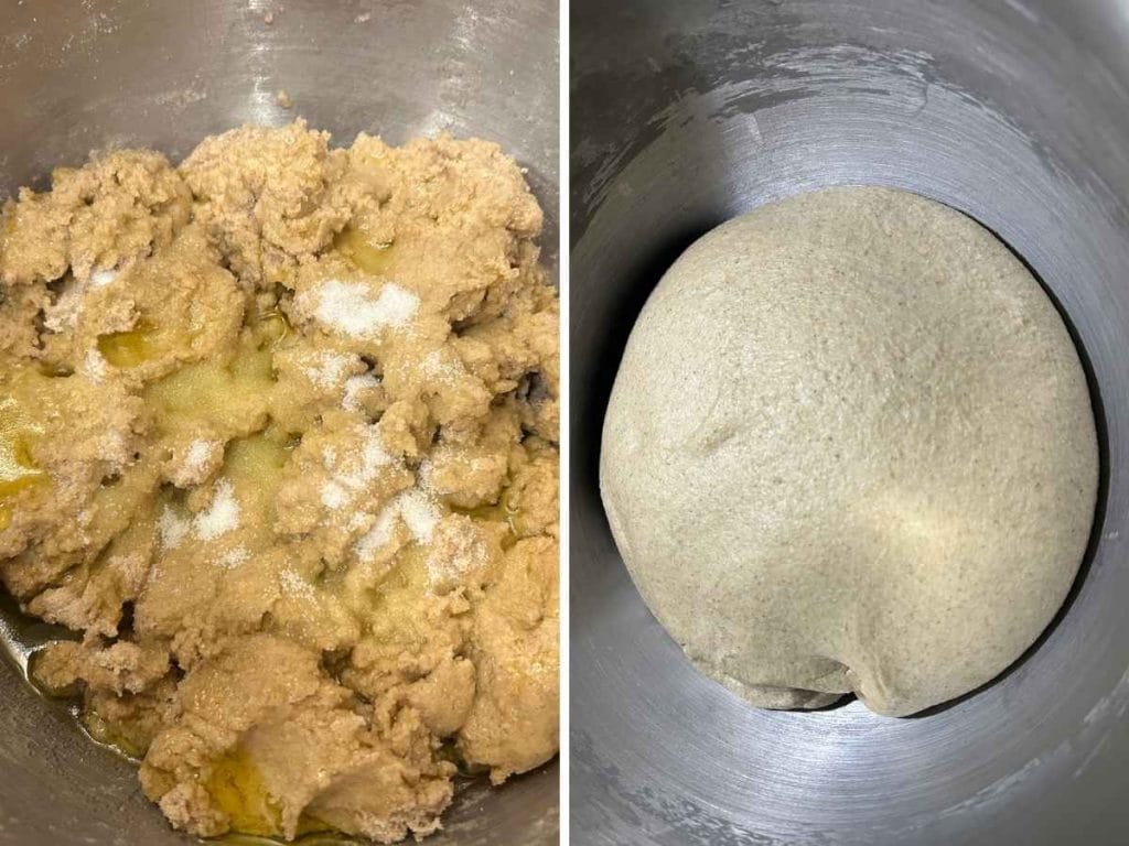a shaggy dough with salt and olive oil added before kneaded into a dough ball