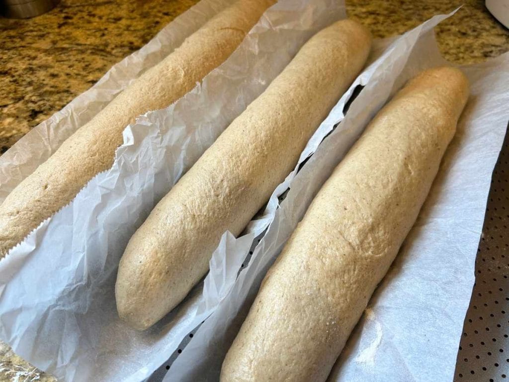 shaped sourdough french loaves on parchment paper on a pan before rising