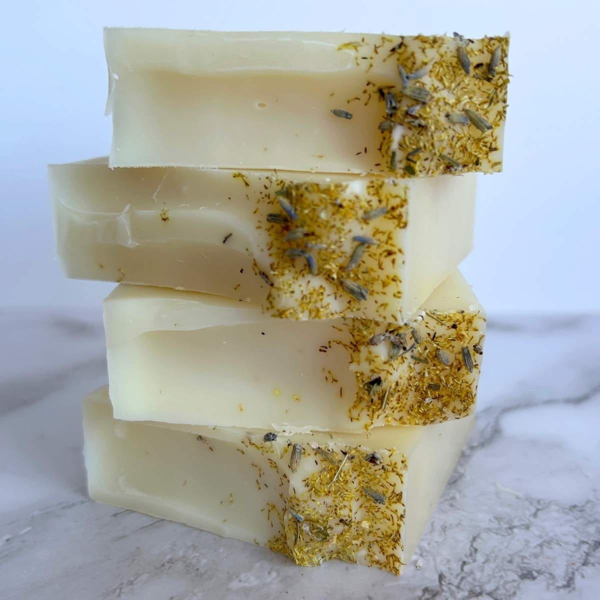 bars of chamomile lavender tallow soap stacked up