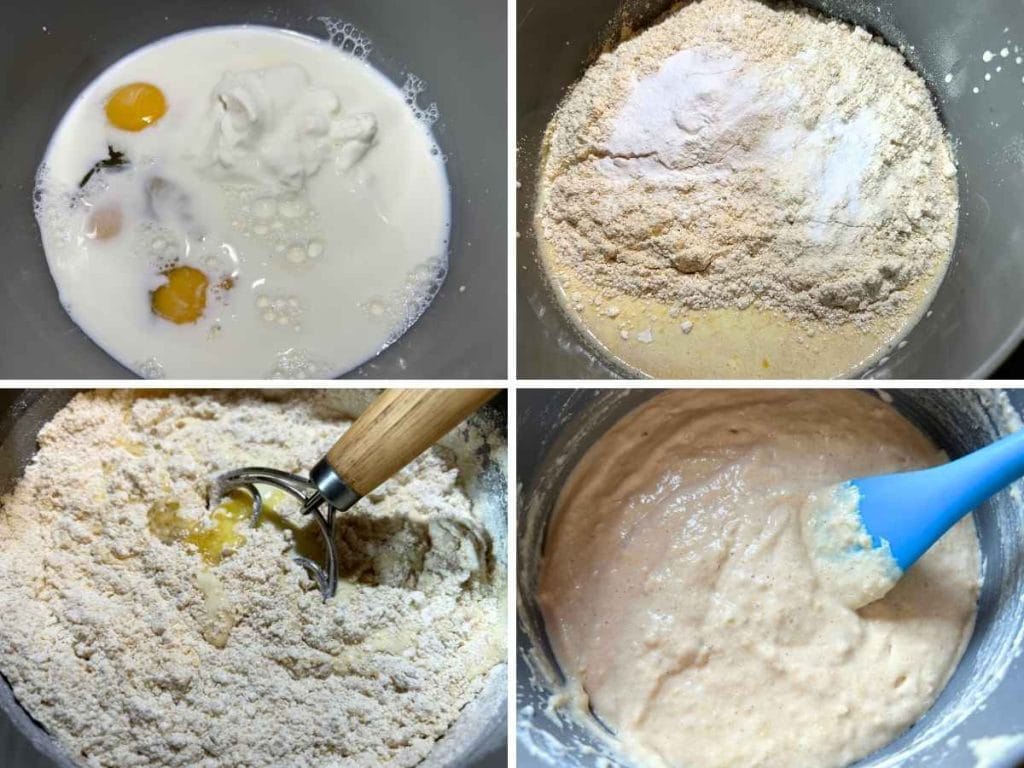 process shots showing how to mix up pancake batter with wet ingredients first then adding dry ingredients