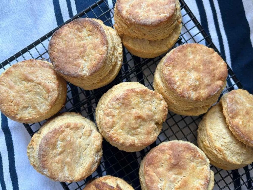 sourdough buttermilk biscuits on a cooling rack over a navy-blue striped kitchen towel