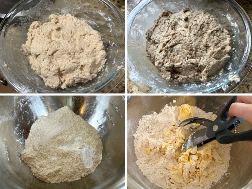 process shots of making a sourdough preferment and cutting butter into flour