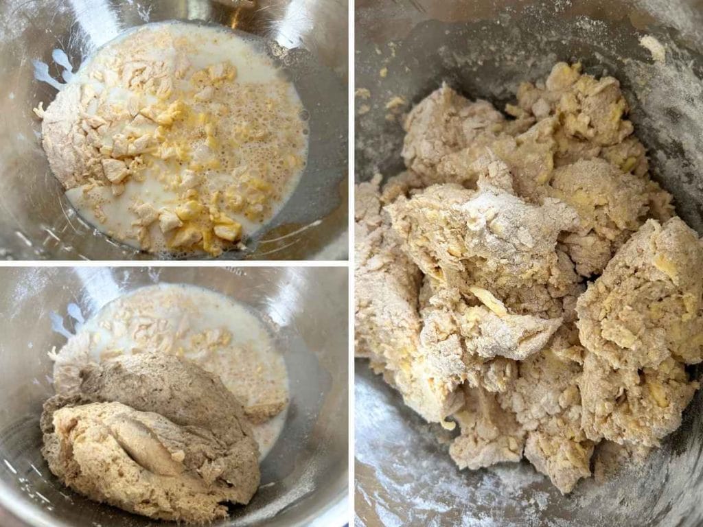 process shots showing how to add buttermilk to buttered flour and then mixing in sourdough starter
