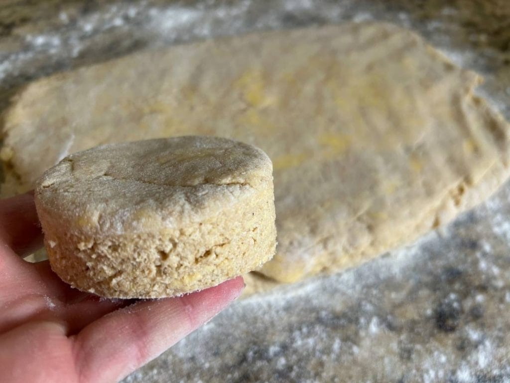 close up view of a hand holding one cut buttermilk biscuits in front of the rest of the dough rolled out