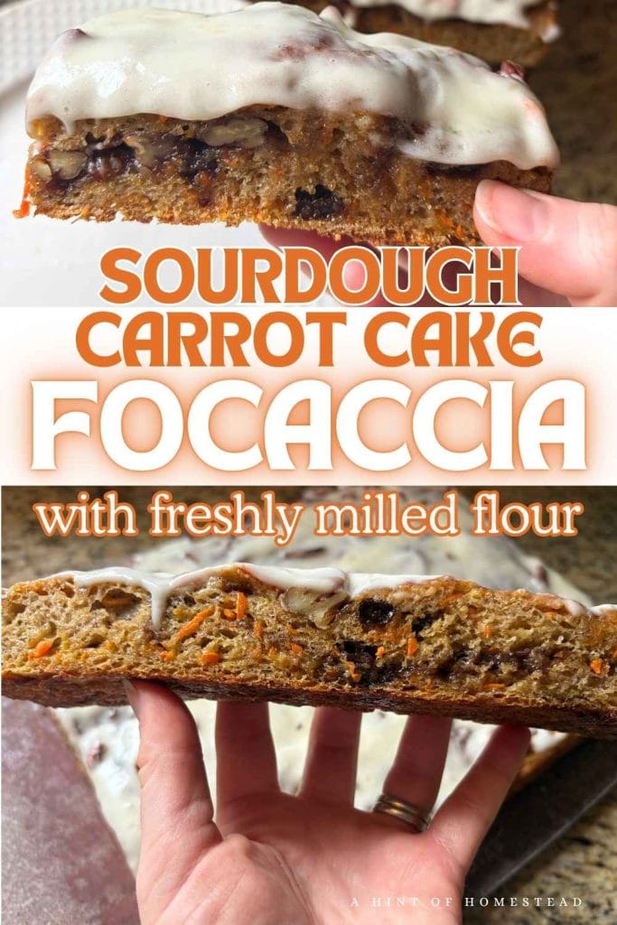 pinterest images of close up views of a slice of iced sourdough carrot cake focaccia