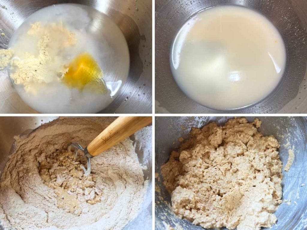 process showing how to mix fresh milled flour dough with starter and water