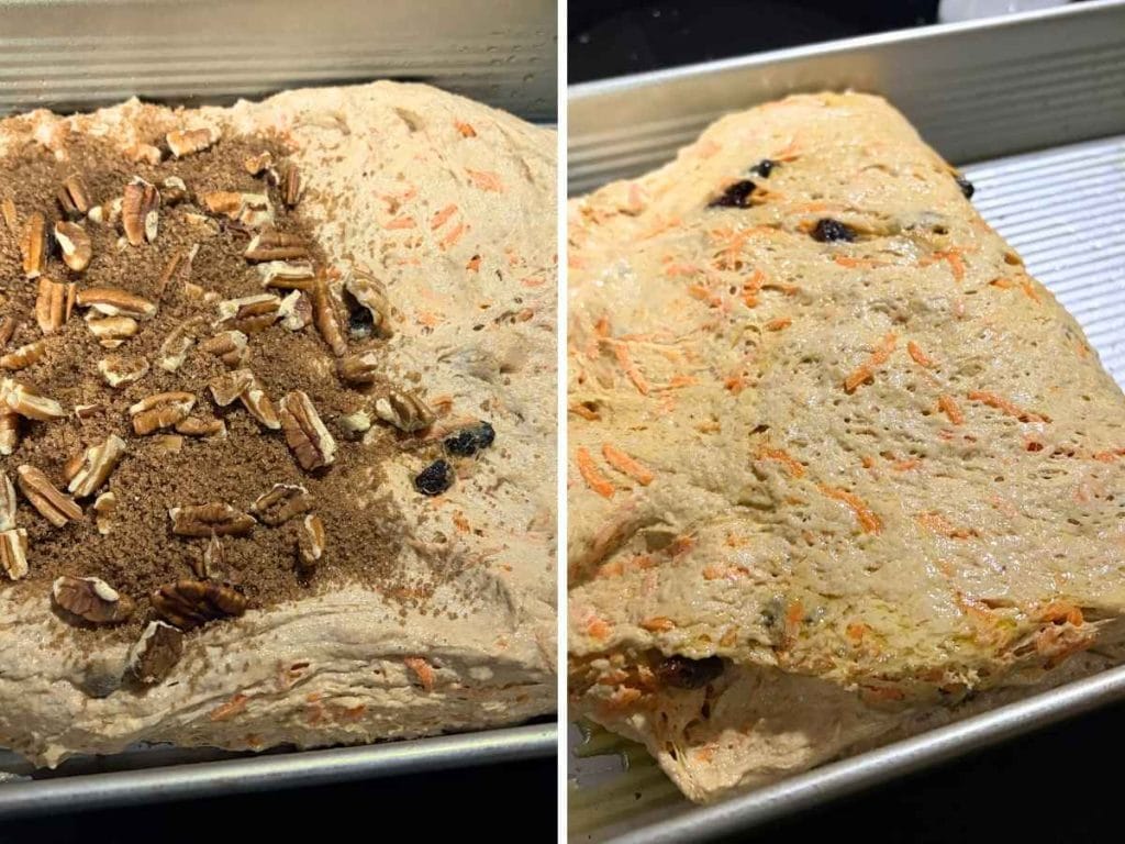 cinnamon sugar with pecans placed inside of focaccia dough before rising