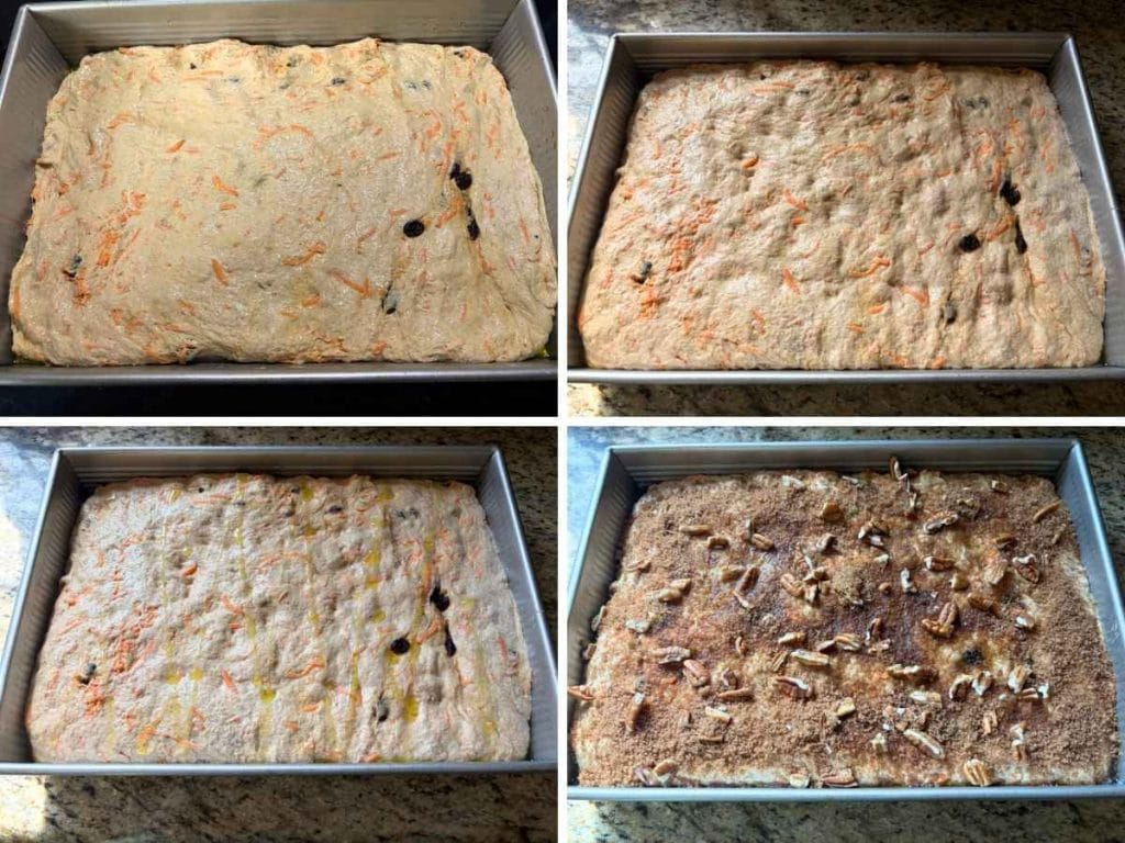 process showing how to rise and top focaccia in a pan