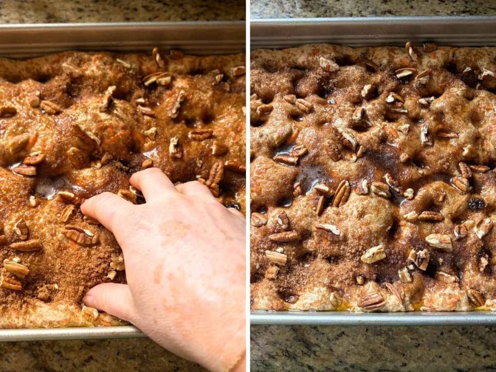 process of dimpling focaccia in a pan before baking