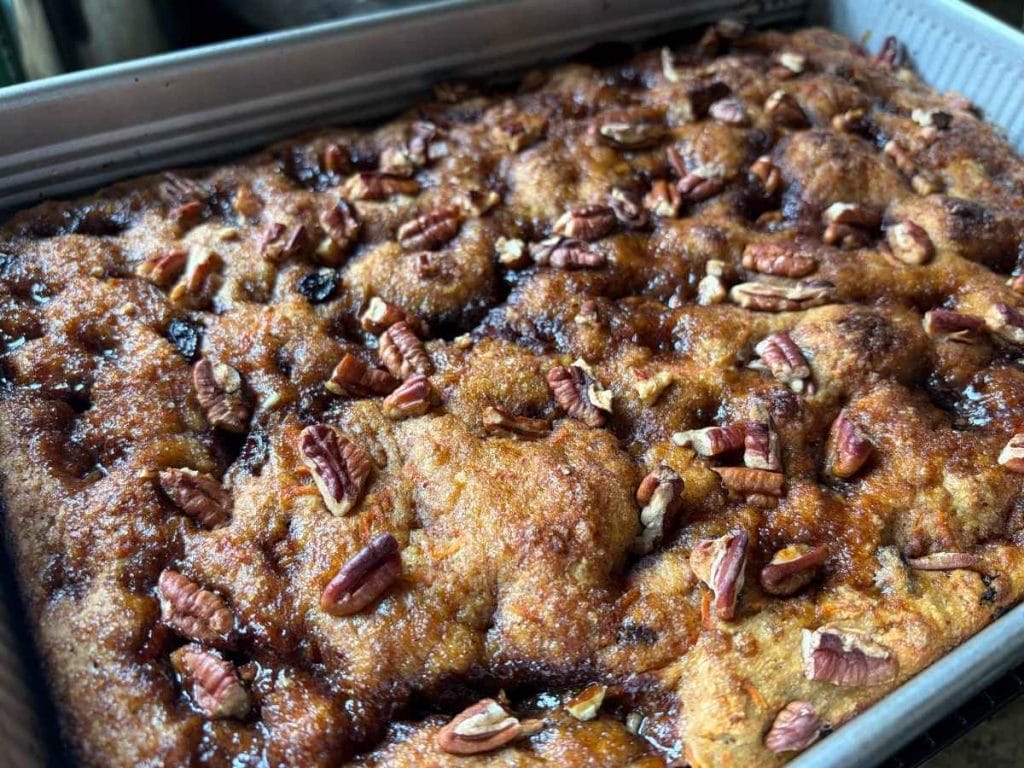 baked sourdough carrot cake focaccia in a baking pan