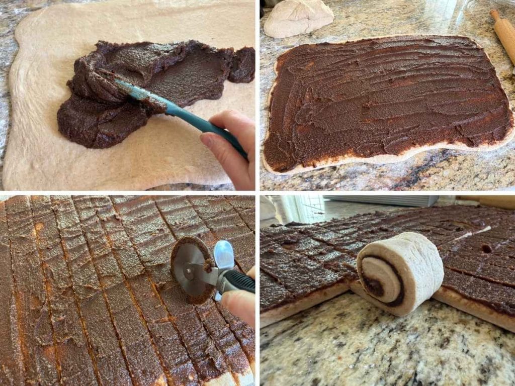 spreading cinnamon filling onto dough then cutting and rolling up the rolls