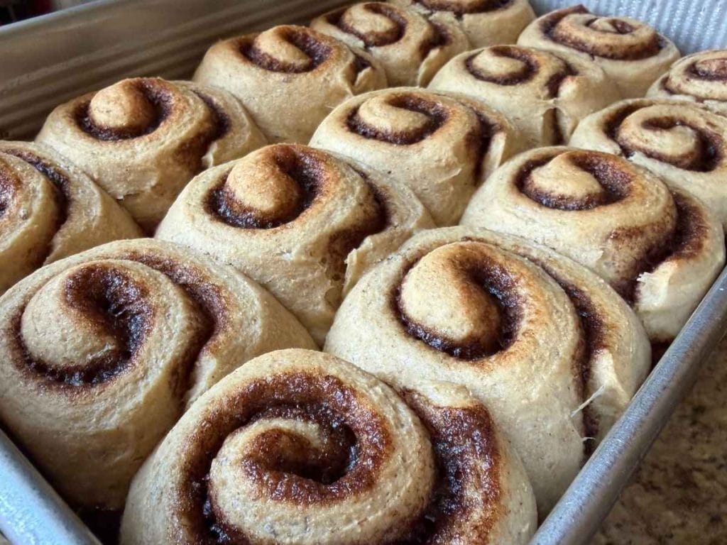 baked cinnamon rolls in a pan