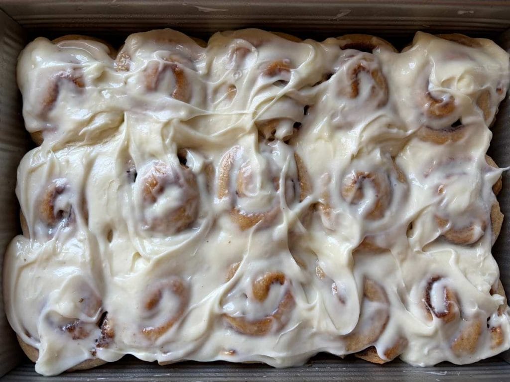 frosted cinnamon rolls made with fresh milled flour