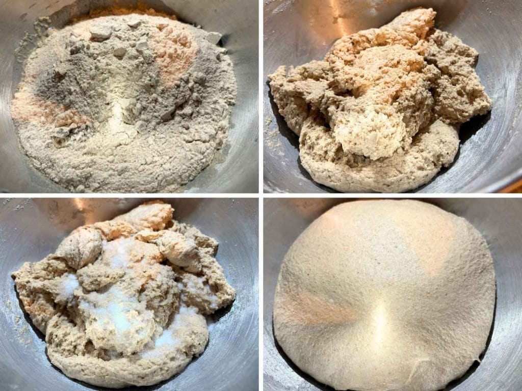 mixing a shaggy dough, then adding salt and starter before kneading into a ball