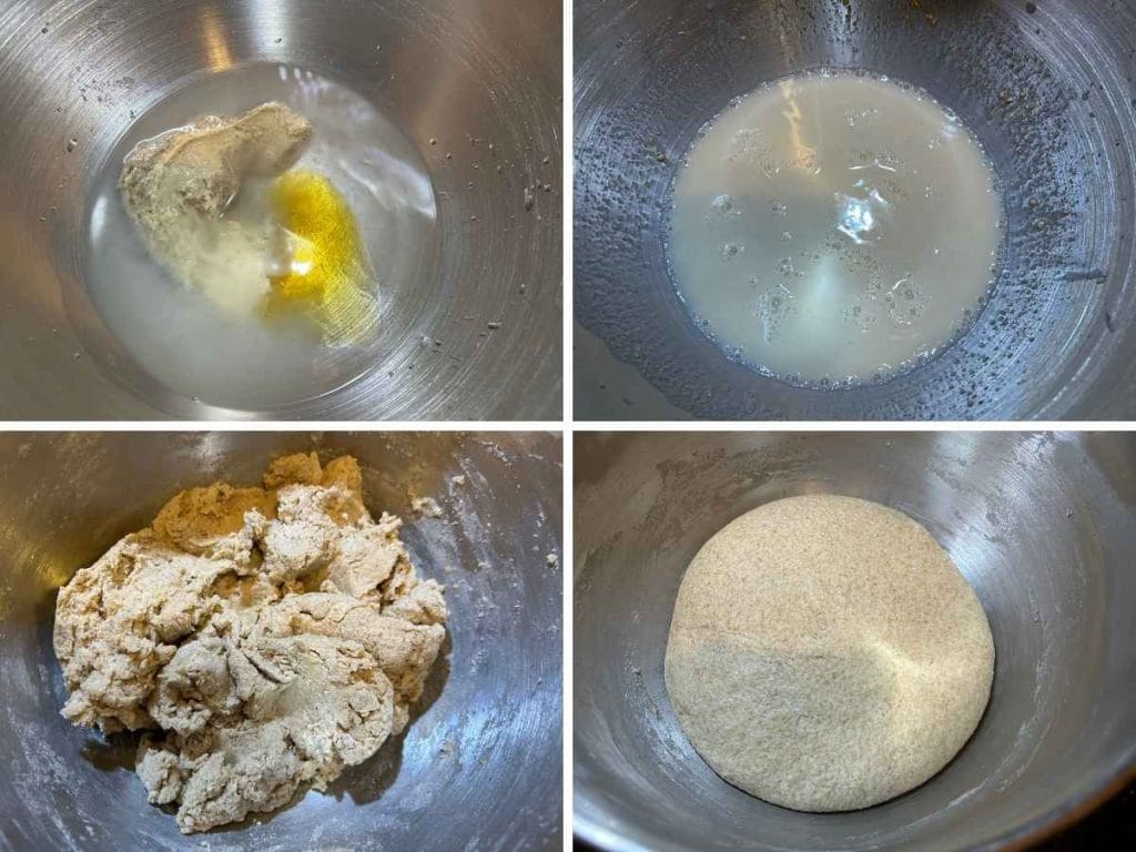 process showing how to mix water, honey, and starter then kneading the dough
