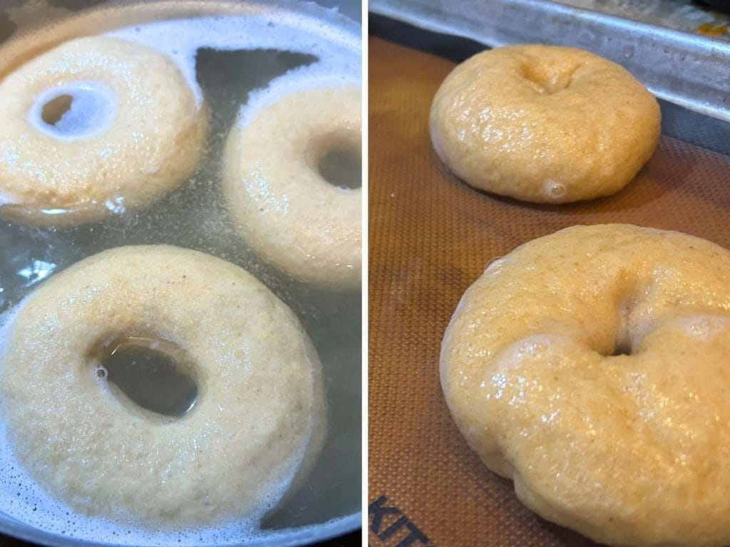 boiling bagels and then placing them on a pan before baking