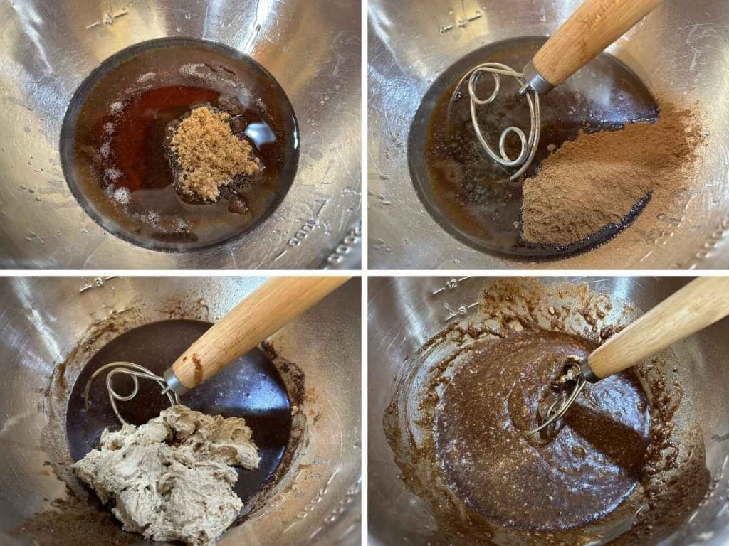 process showing how to mix oil, sugar, cinnamon, and discard in a bowl