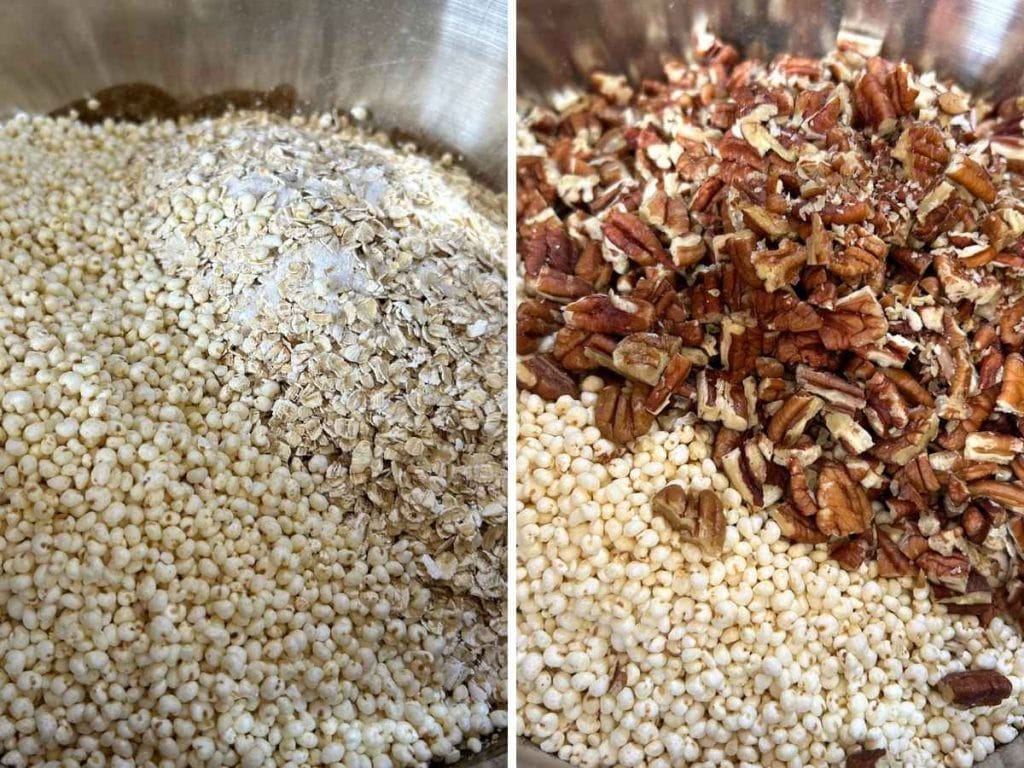 adding puffed millet, oats, and nuts to granola mixture