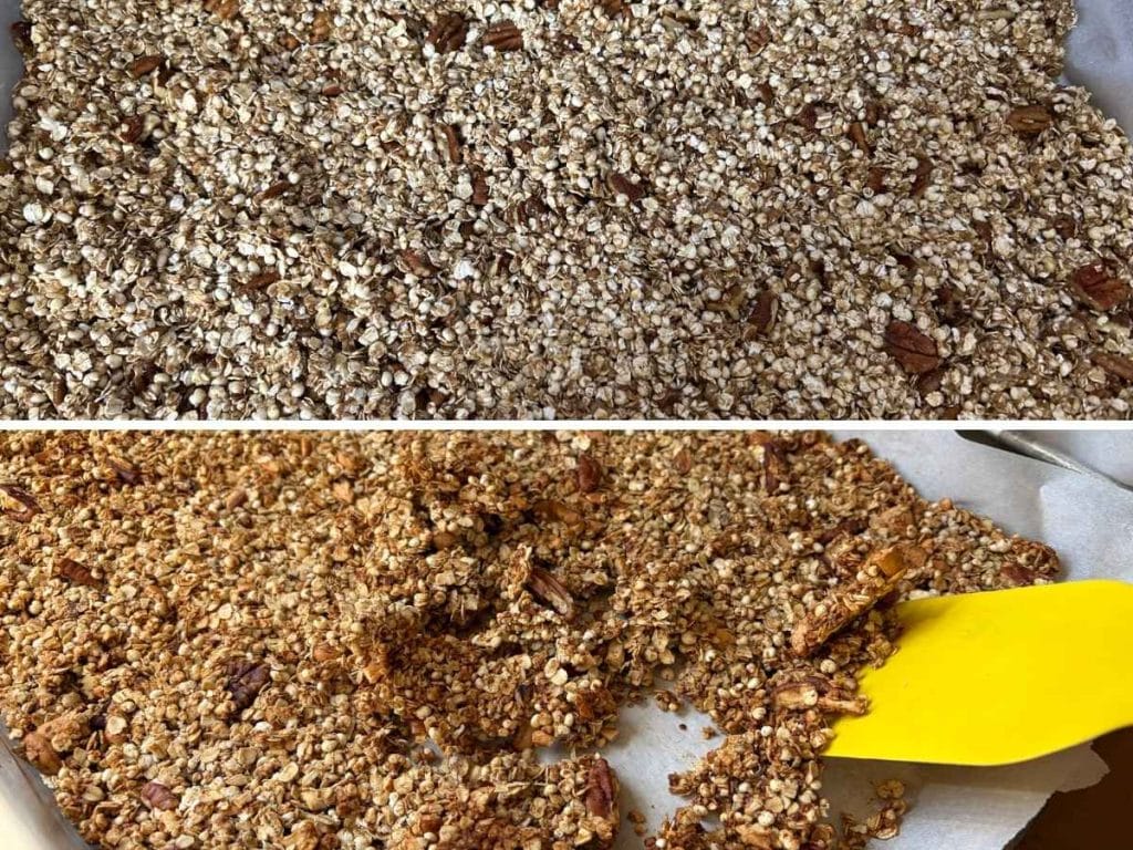 pressed granola on baking pan and then after baking using a yellow spatula to break up the clusters