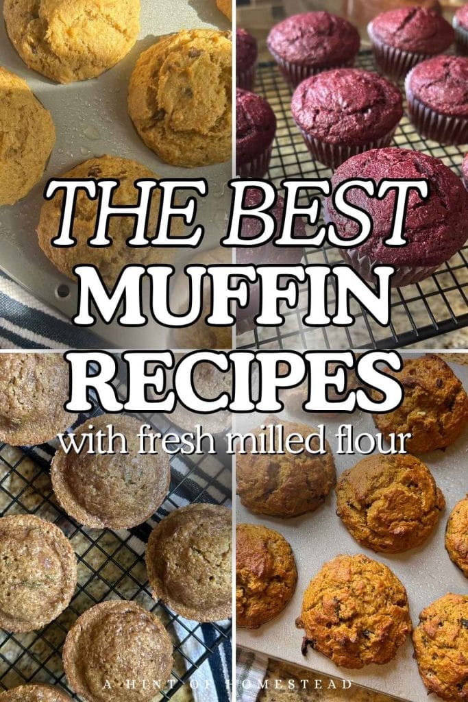 variety of fresh milled muffins in a collage for a pinterest roundup