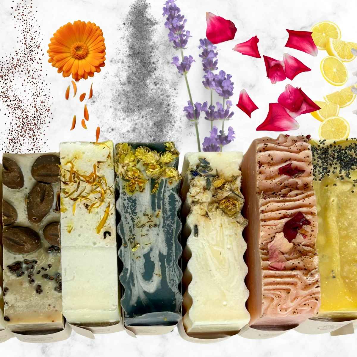 bars of homemade tallow soap with herbs pouring out