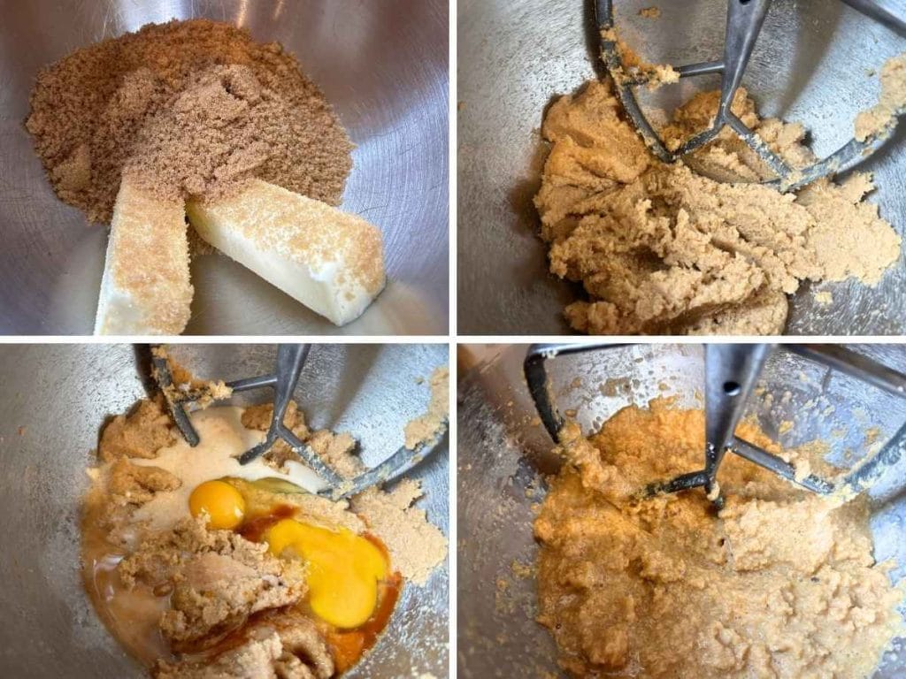 stages of mixing a dough with butter, sugar, and eggs