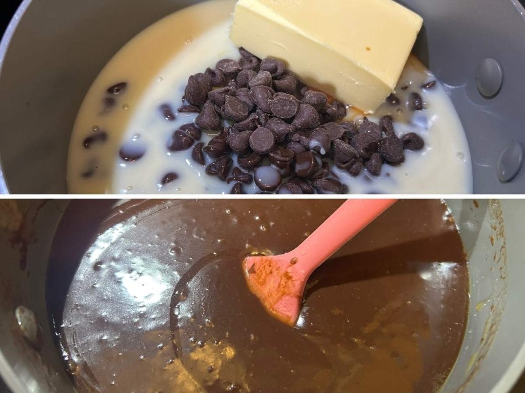 showing how to melt chocolate chips with butter and sweetened condensed milk to make fudge