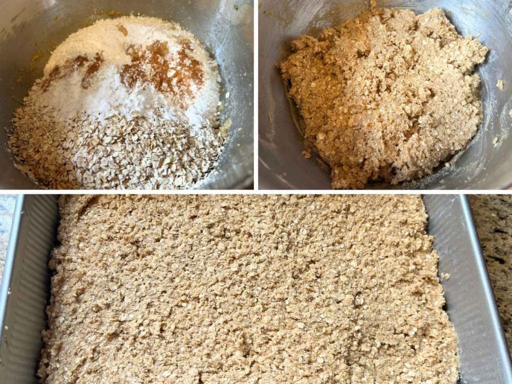 mixing together an oat dough base and pressing into a baking pan