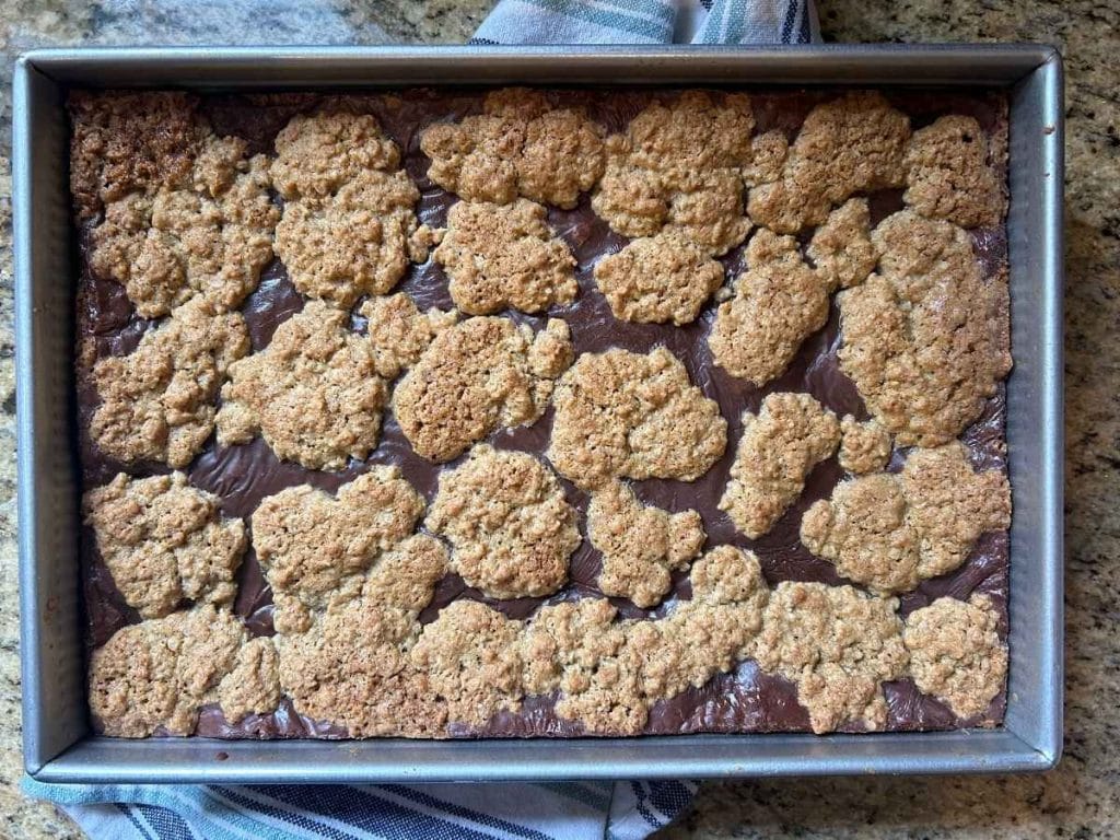 top view of a pan of baked oatmeal fudge bars