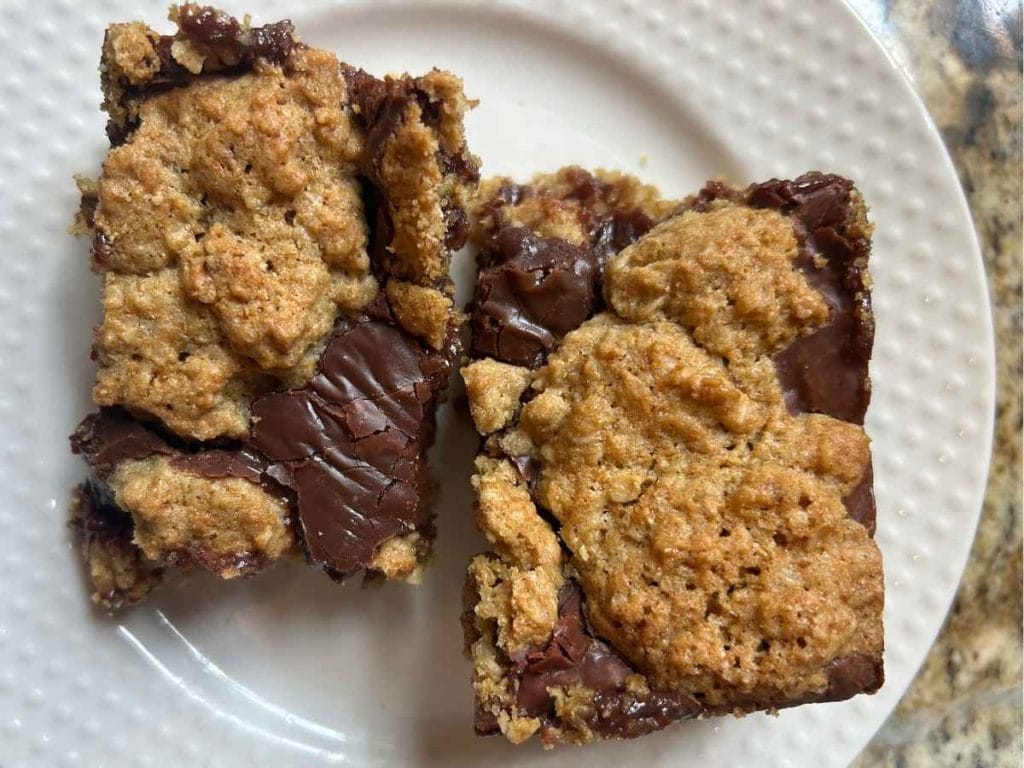 2 slices of oatmeal fudge bars on a white plate