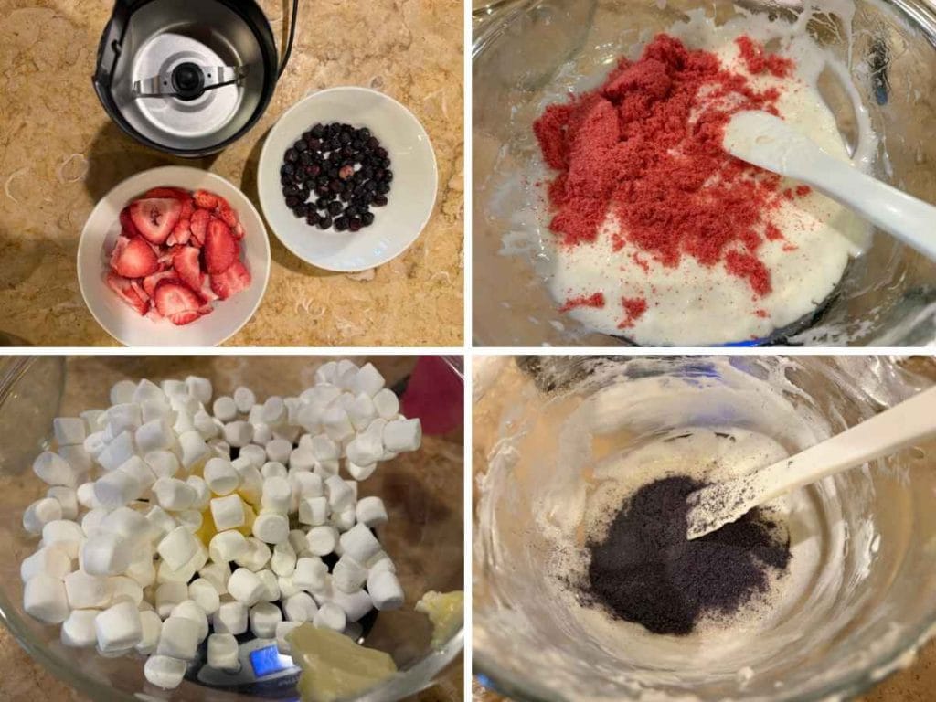 freeze-dried fruit being powdered in a coffee grinder then added to melted marshmallows