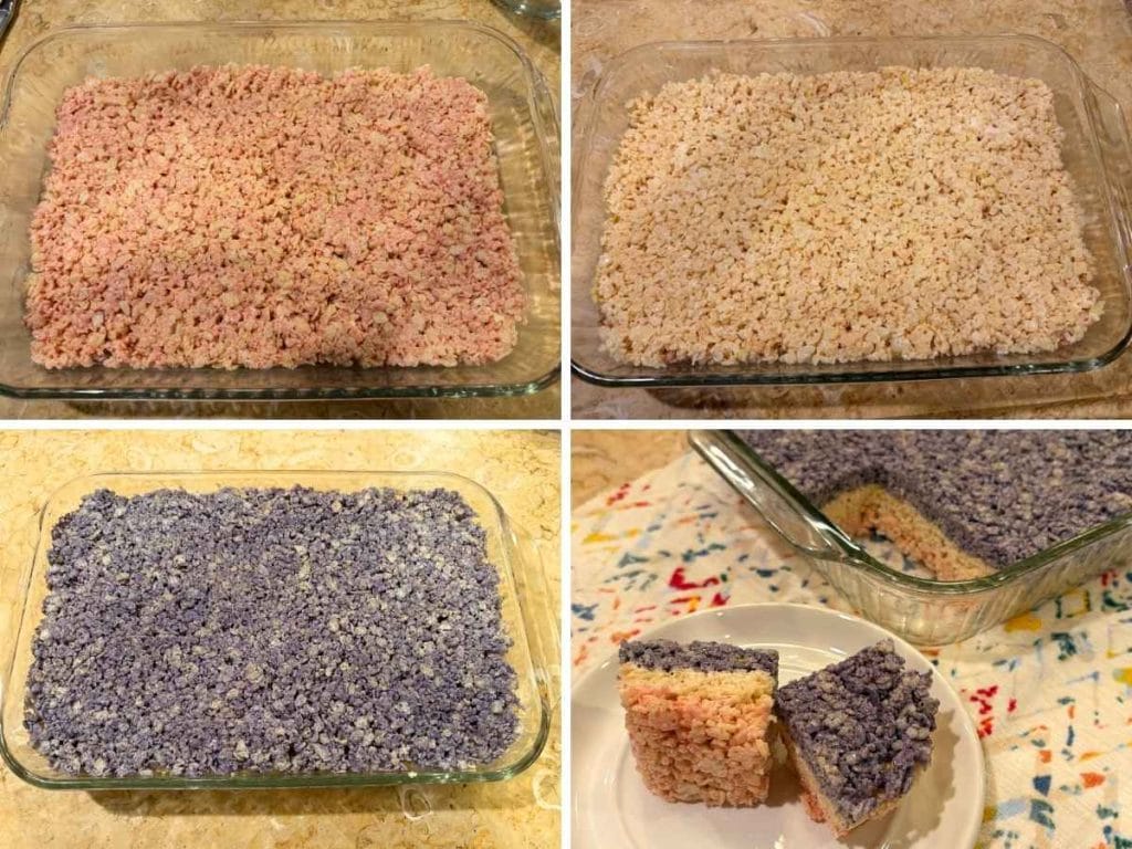 step by step showing the layers of colored treat bars