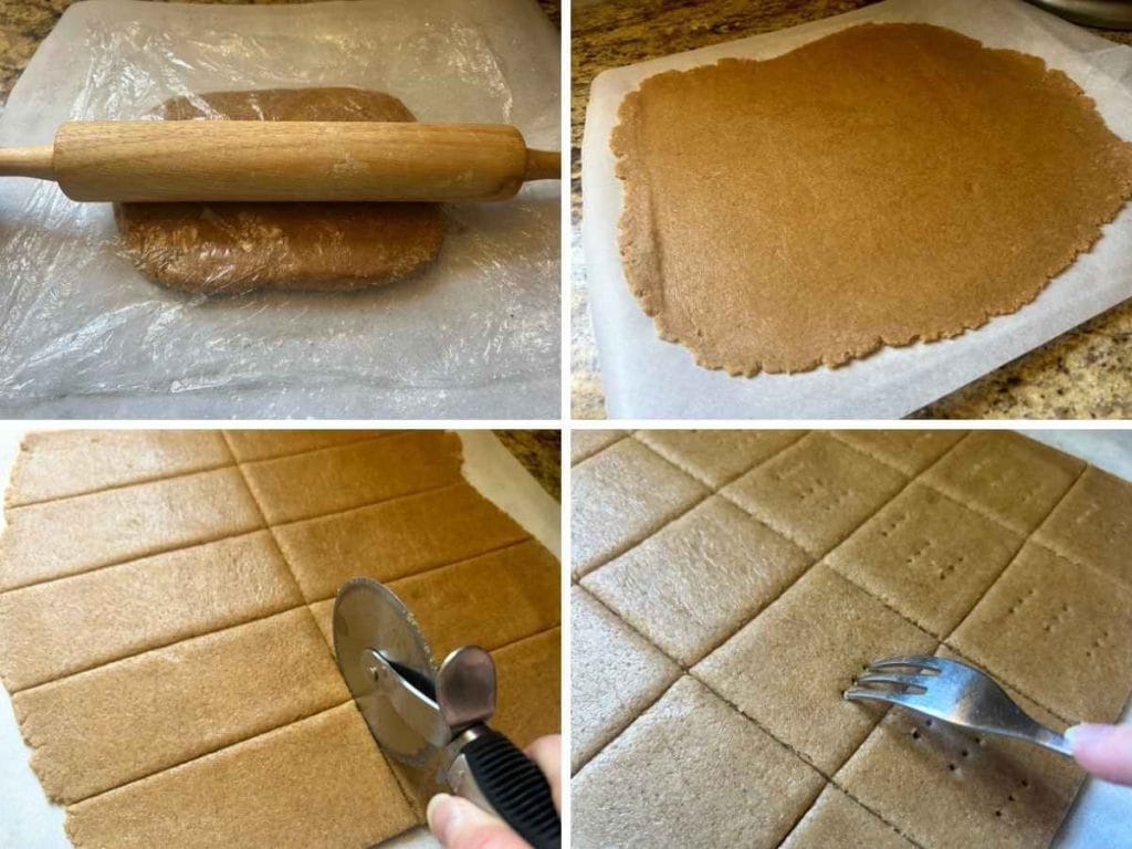 rolling out and cutting dough into squares