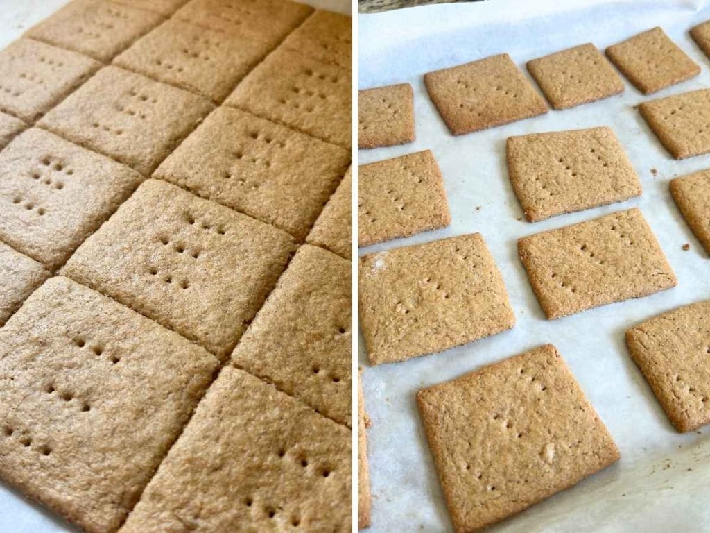 baked graham crackers before breaking apart and after