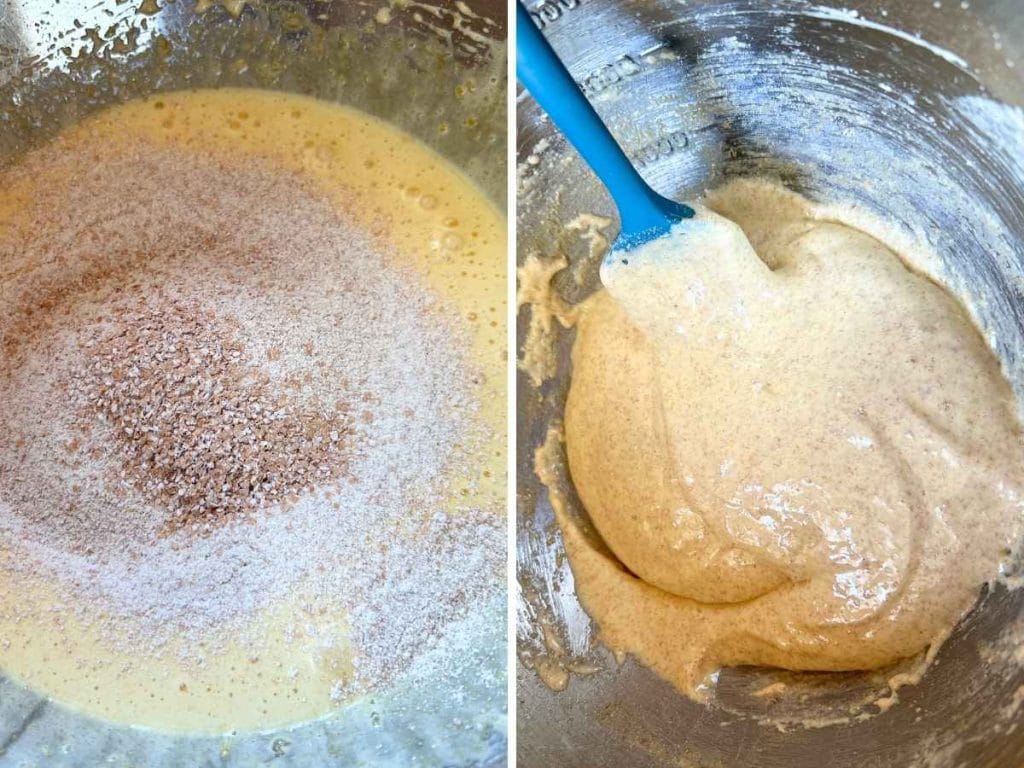 sifting fresh milled flour into egg yolk and sugar mixture