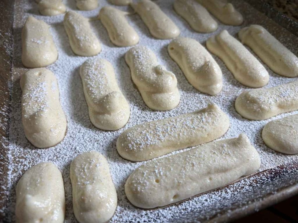 piped ladyfingers dusted with powdered sugar before baking