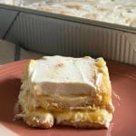 side view of a slice of peach tiramisu in front of the pan