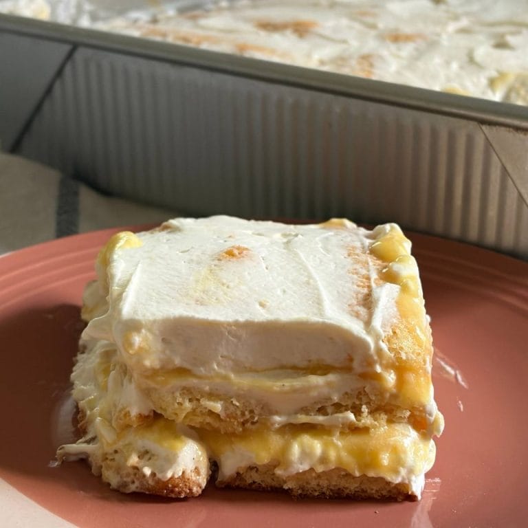 side view of a slice of peach tiramisu in front of the pan