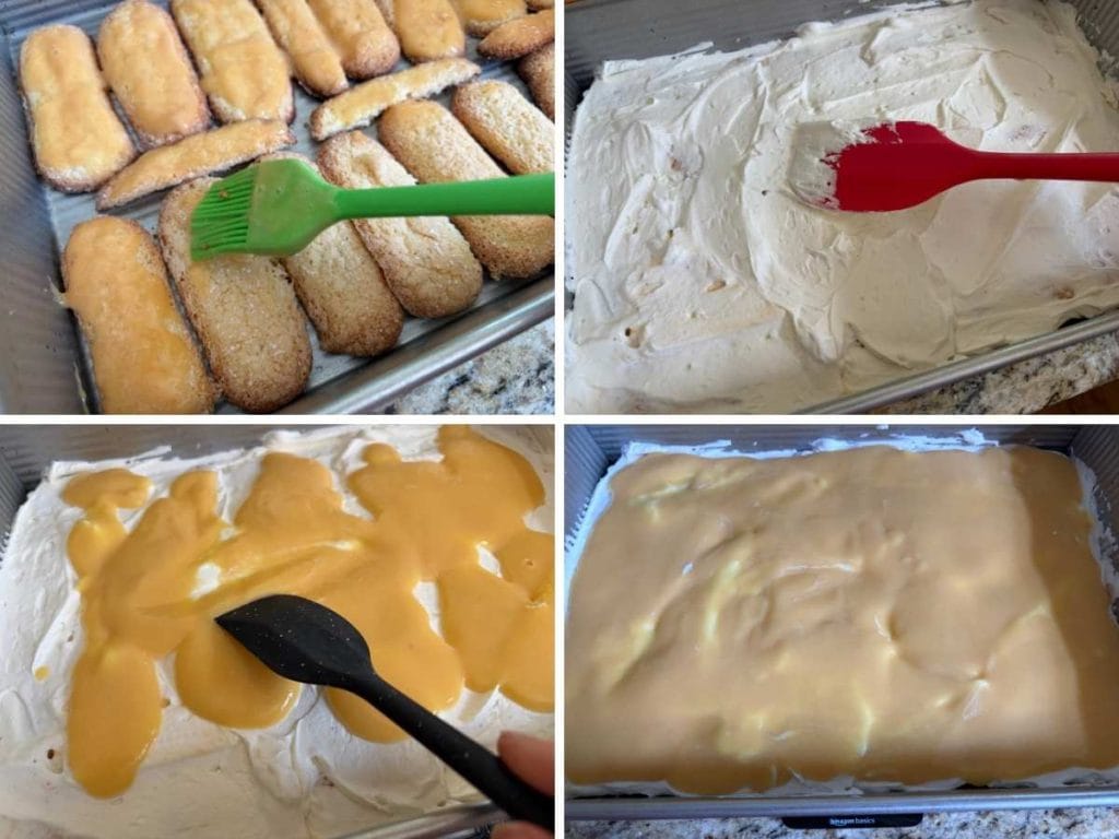process of soaking ladyfingers and layering a peach tiramisu