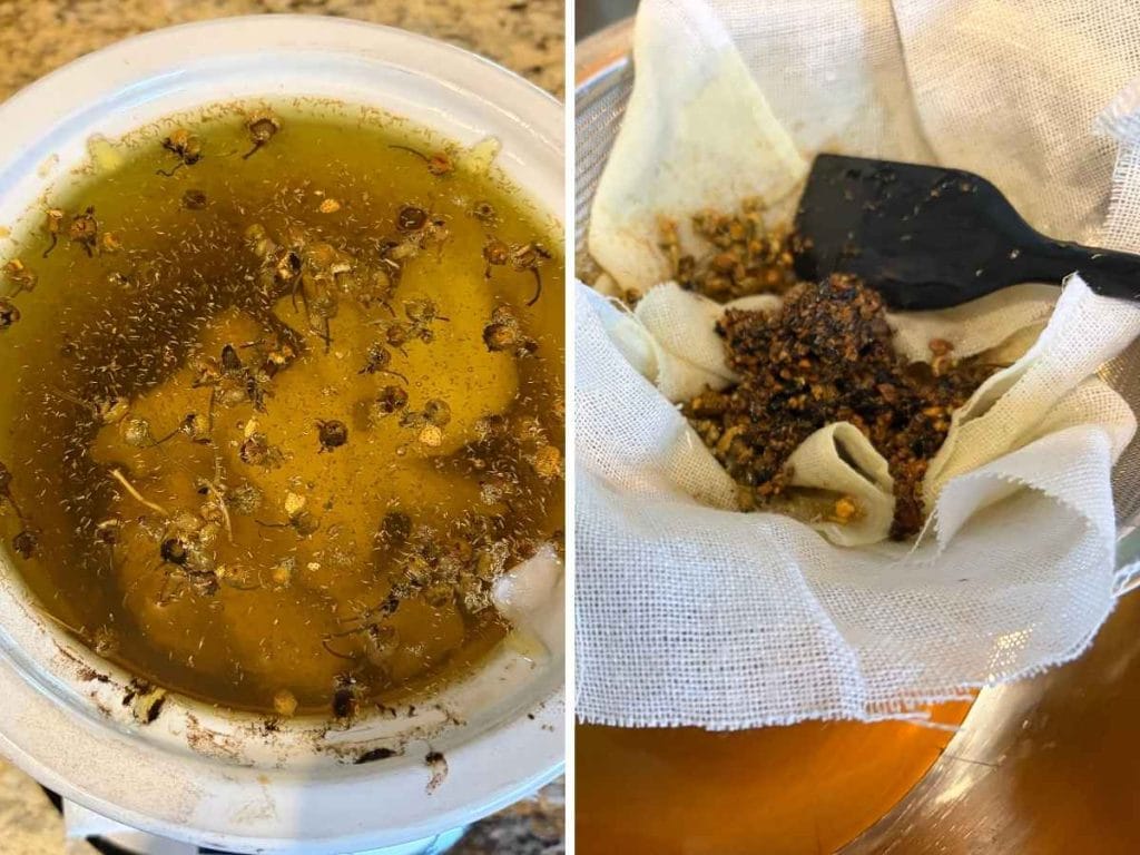 straining herbs from tallow before making soap