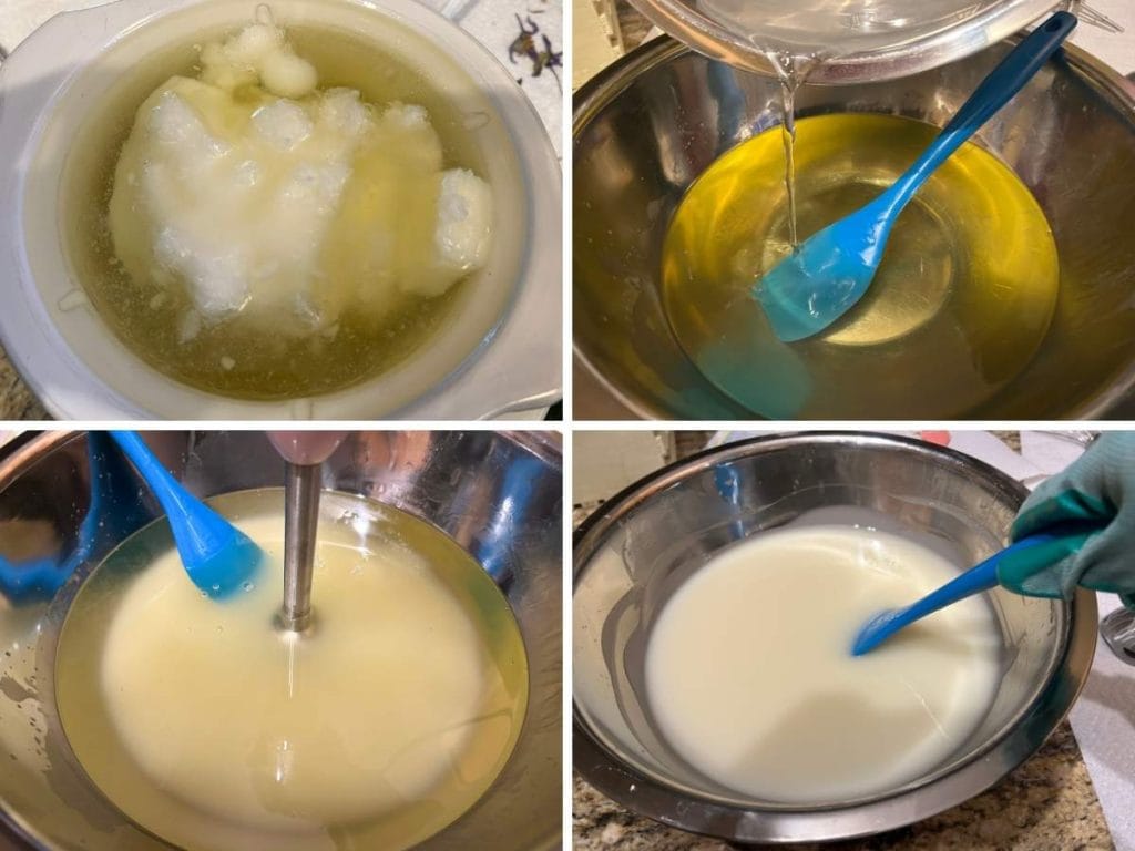 process of melting fats and mixing up solid tallow dish soap batter