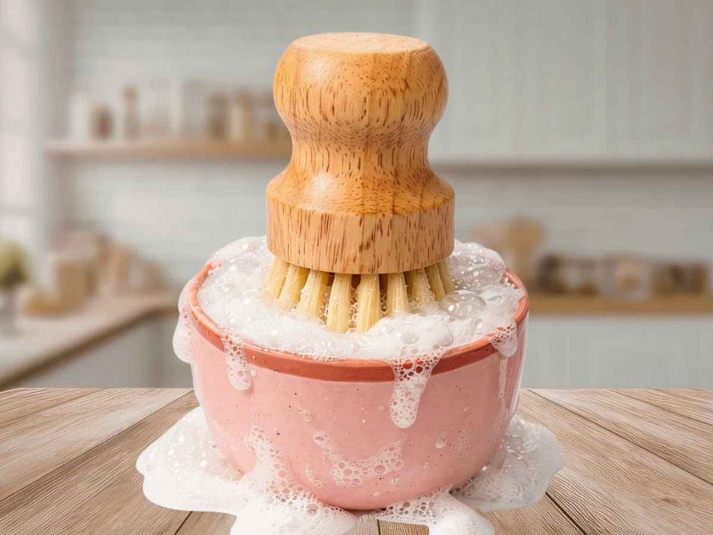 pink ceramic dish with soapy bubbles and bamboo scrub brush on top