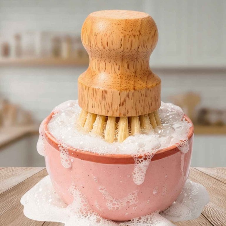 pink ceramic dish with soapy bubbles and bamboo scrub brush on top