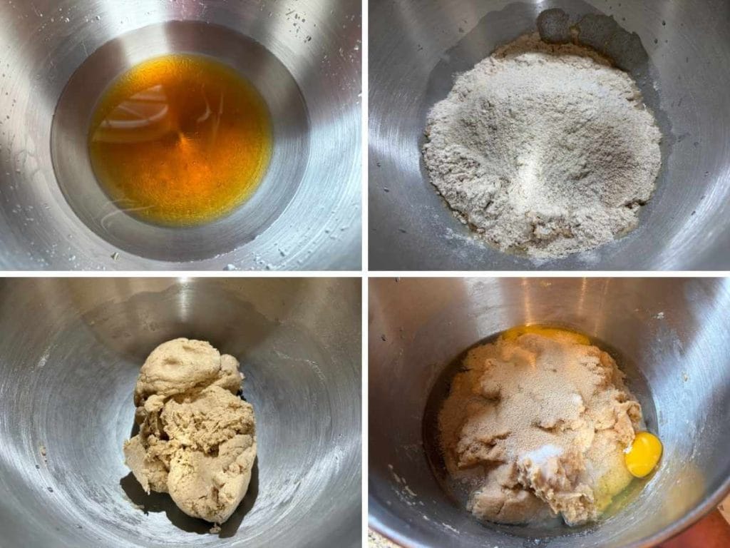 process of mixing water, honey, and flour into a dough then adding yeast, salt, oil, and egg