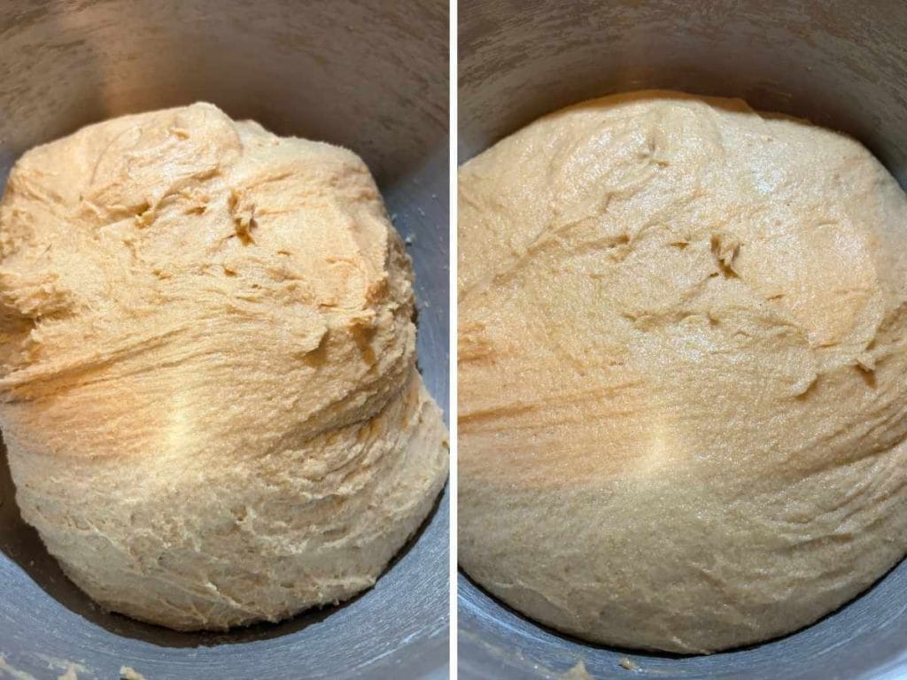 dough after being kneading next to image of dough after bulk rising