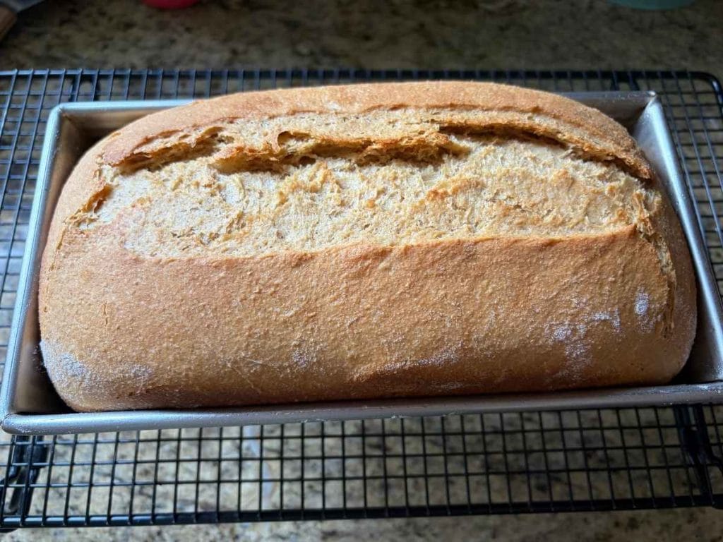 loaf of bread baked in a pan on a cooling rack
