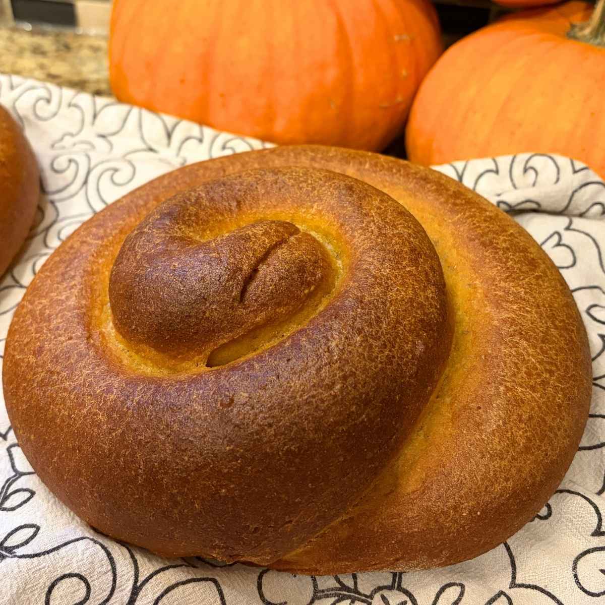 spiral loaf of pumpkin challah bread