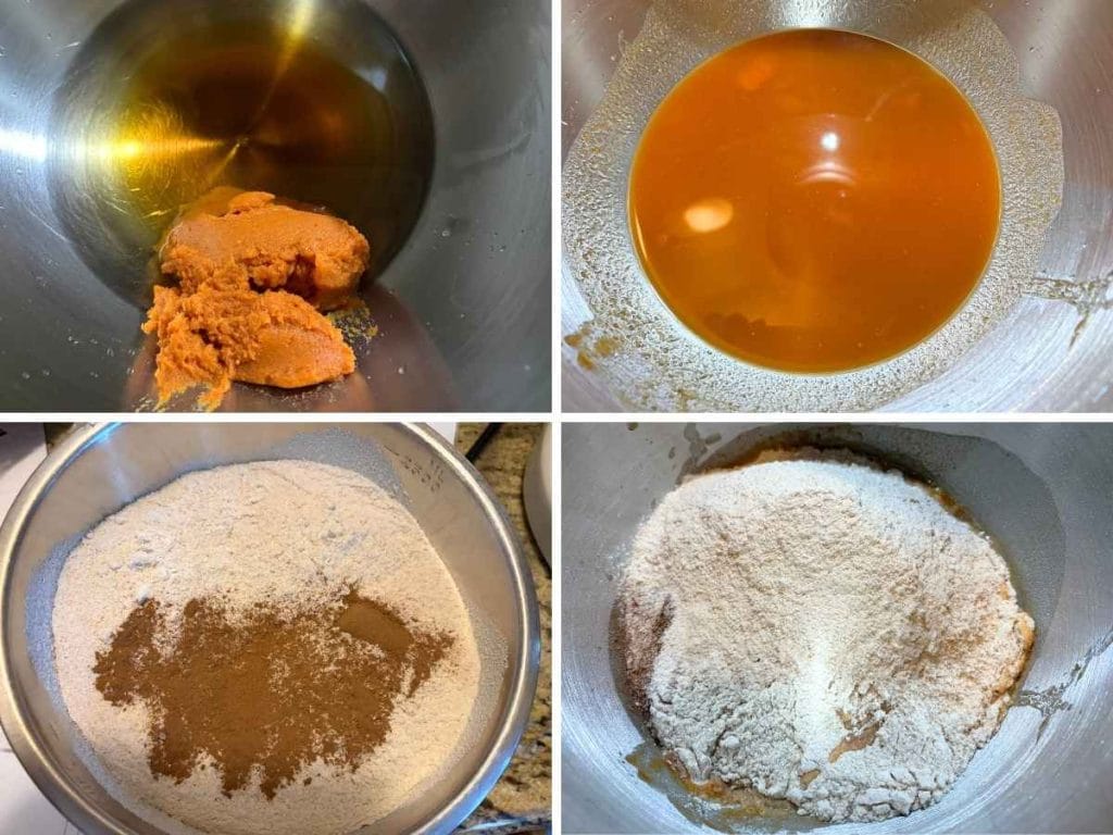 process of adding pumpkin, maple, flour and spices to a bowl