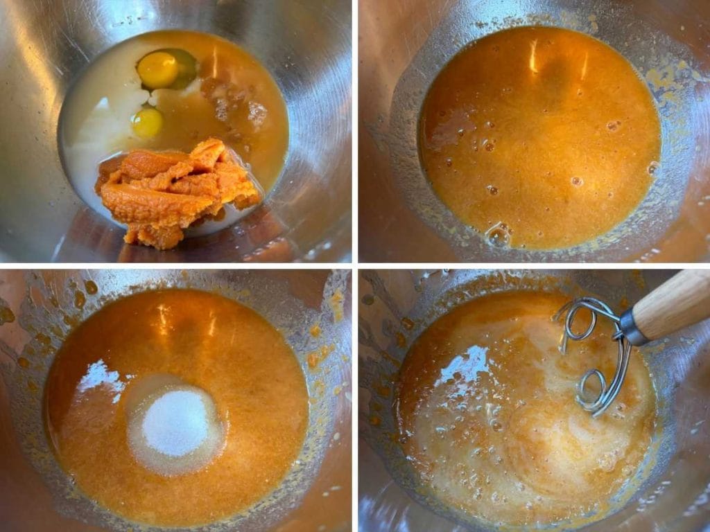 process of mixing wet ingredients to make pumpkin muffins