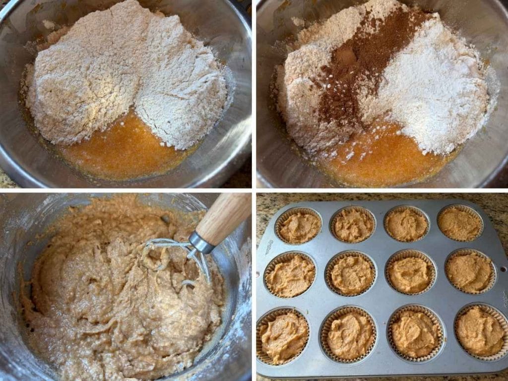 process of adding dry ingredients to muffin batter and filling muffin liners